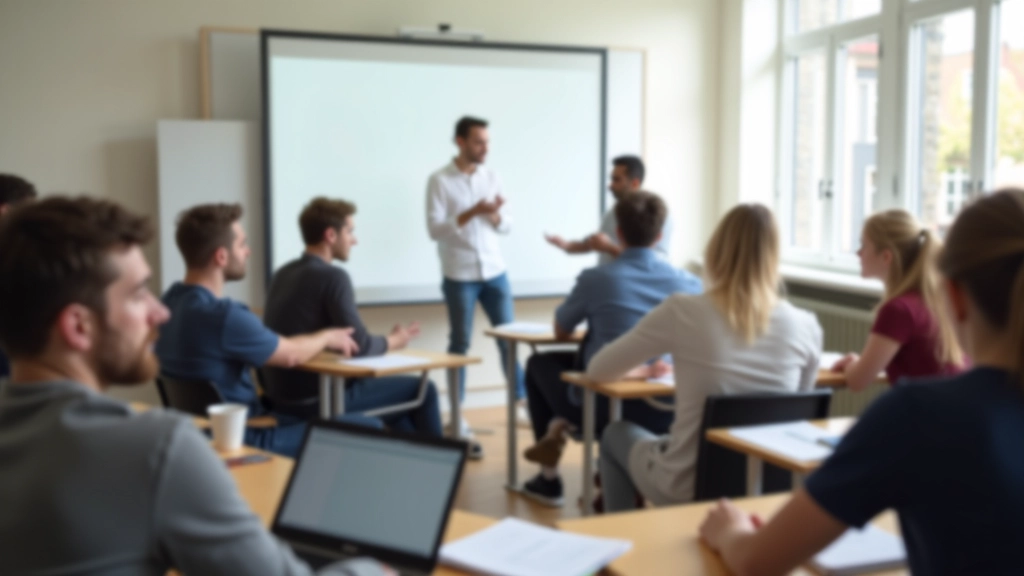 Studentengroep in klaslokaal luistert naar docent die voor bord staat met Frans leerboeken open op tafels
