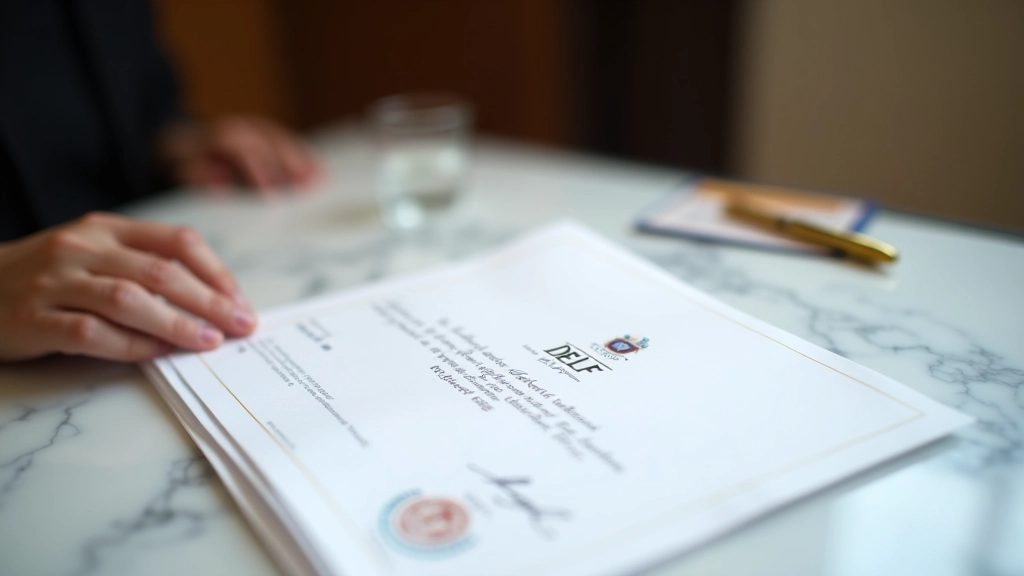 Certificaatdocument van DELF met offciële Franse zegels en versiering op marmeren tafel met gouden pen