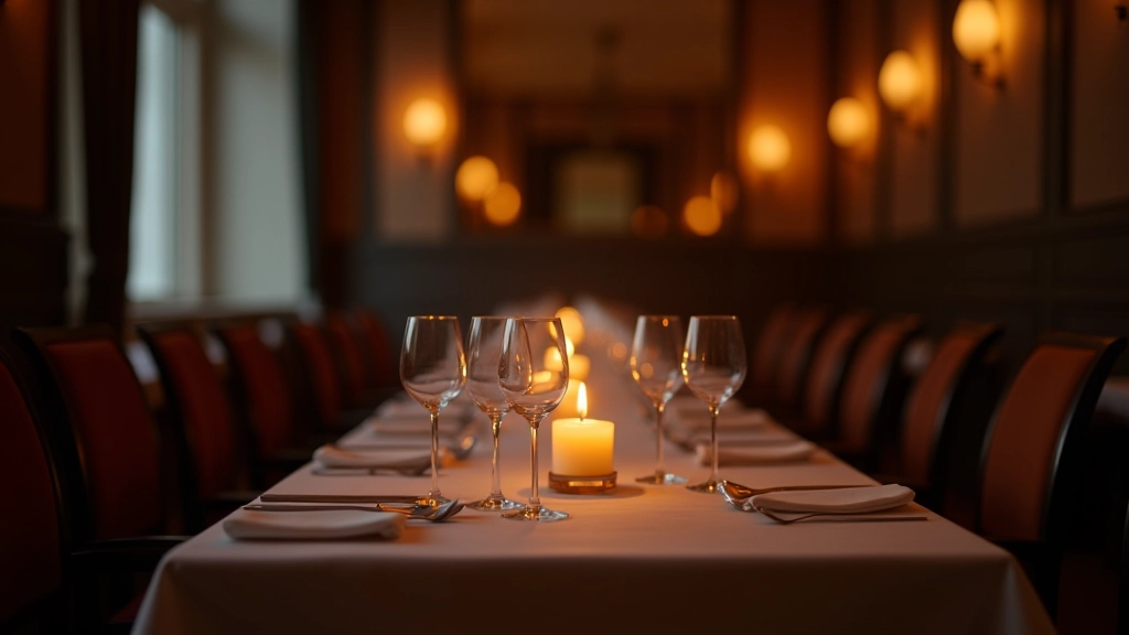 Traditioneel Frans restaurant met gasten die genieten van een maaltijd bij kaarslicht en elegante inrichting