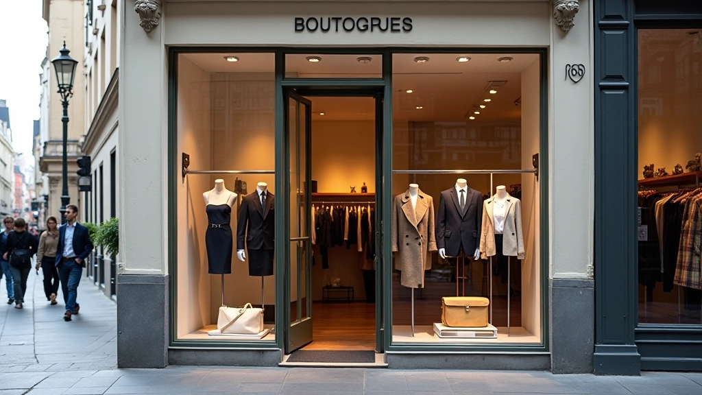 Boetieks in een Europese winkelstraat met etalages vol kleding en accessoires