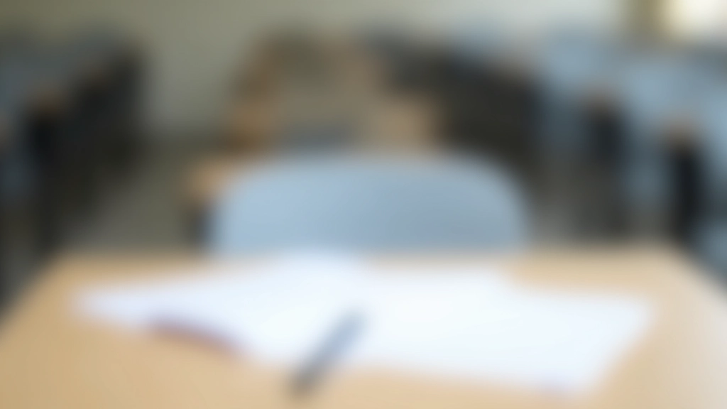 Examenruimte met enkele tafels, examenpapier en pen klaar voor DELF-test in stille omgeving