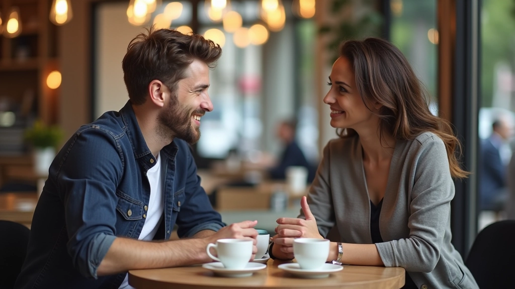 Twee mensen voeren een gesprek aan een tafel met koffiekopjes