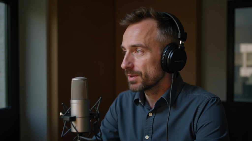 Man spreekt duidelijk in microfoon, concentratie op gezicht, moderne podcast setup