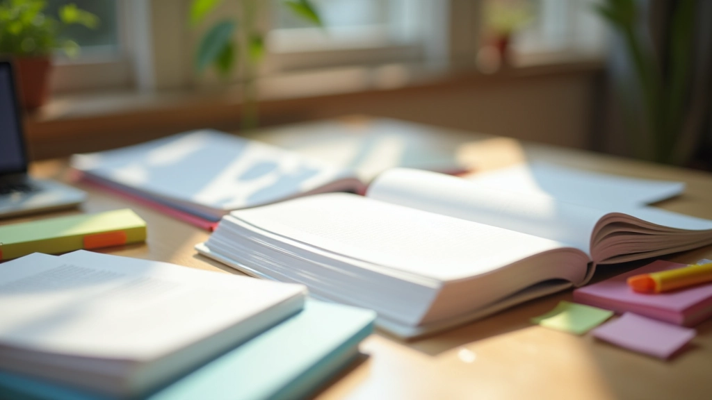 Geopende Franse leerboeken en notitieboeken op houten studeertafel met kleurrijke notities en Post-it-briefjes
