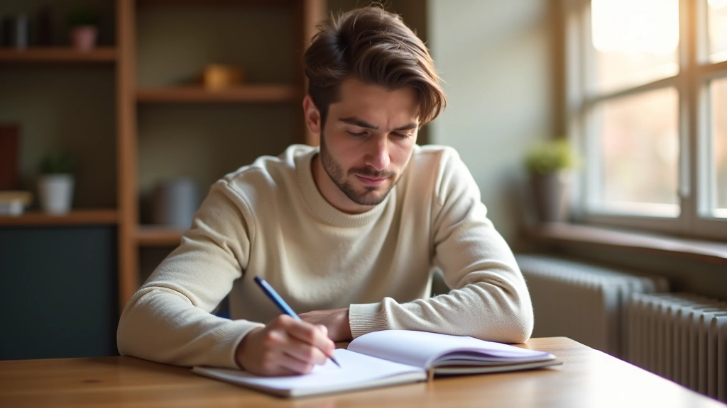 Persoon schrijft Franse zinnen in notitieboekje aan houten tafel met pen