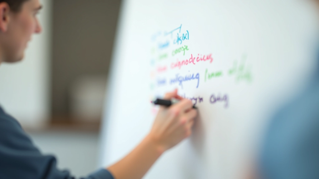 Persoon schrijft korte zinnen op een wit bord met kleurrijke markeringen, lichte studio