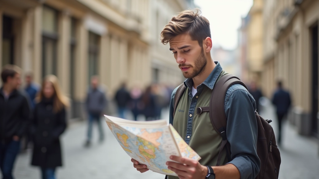 Reiziger die een kaart raadpleegt op een straat in een Europese stad met historische architectuur