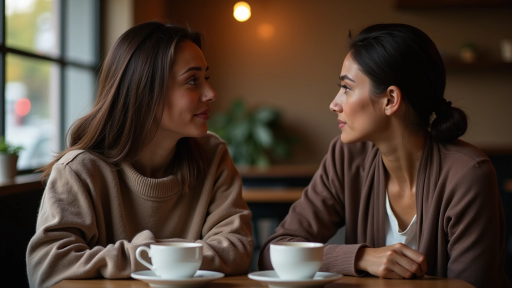 Twee vrouwen in café, één luistert aandachtig, gezellige sfeer met koffiekopjes