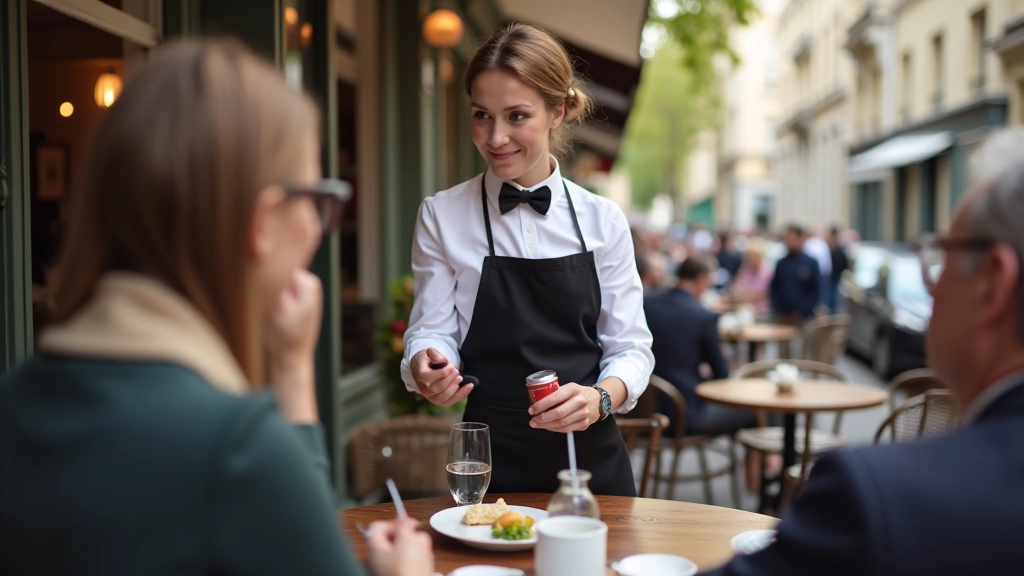 Café in Parijs met kellner die een bestelling opneemt van gasten aan tafel