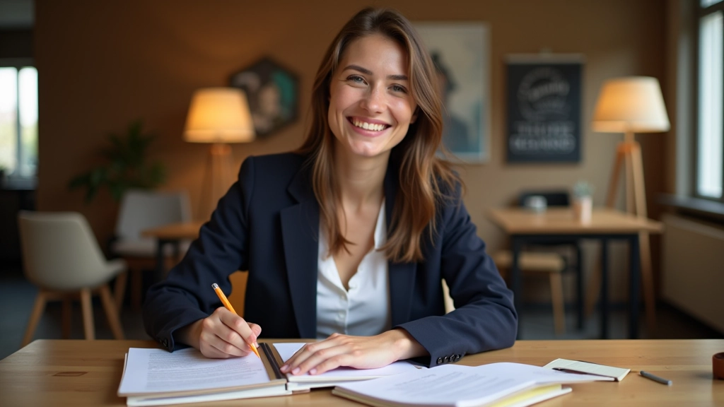 Vrouw zit aan bureau met Frans leerboek en notitieboekje in gezellig kantoor